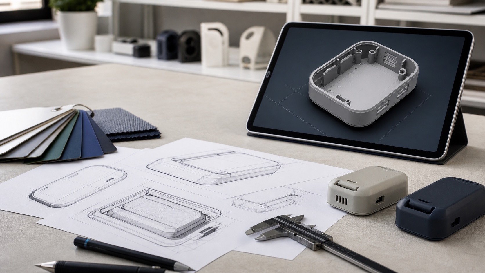 Representative product design workspace with sketches and prototype shells