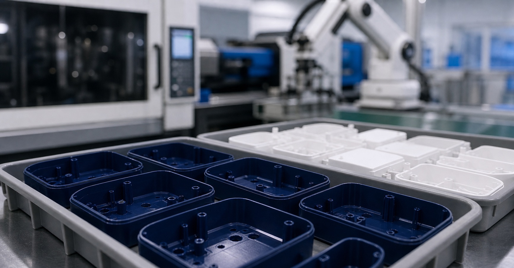 Representative injection molded plastic parts in organized production trays