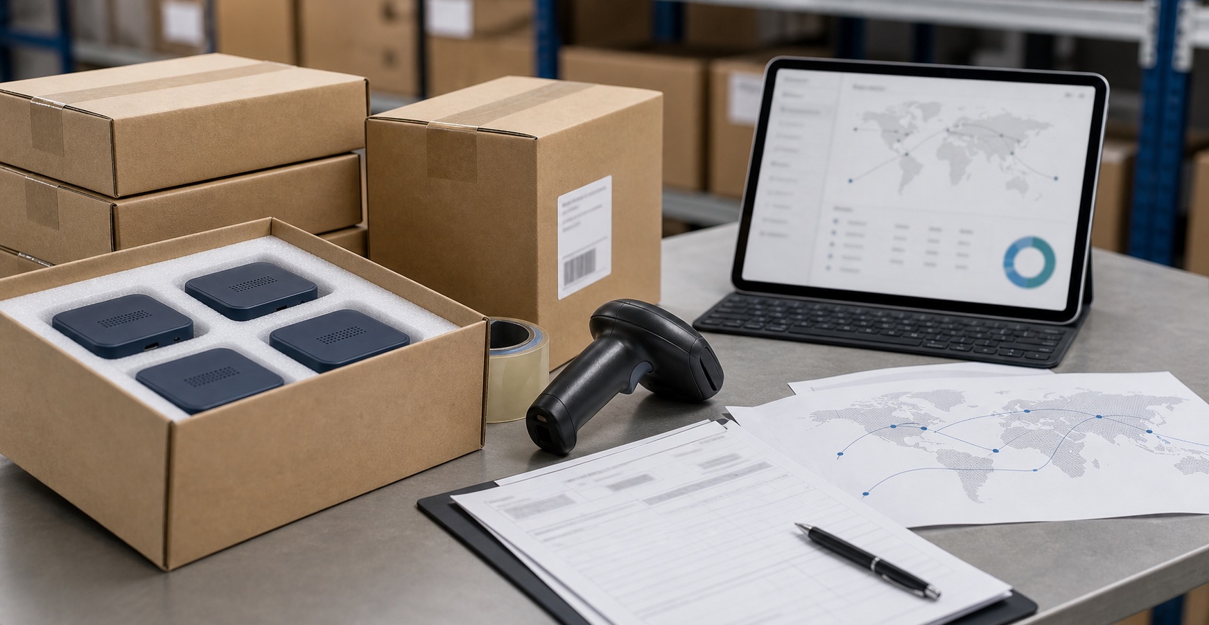 Representative delivery support scene with packed products and shipping coordination materials