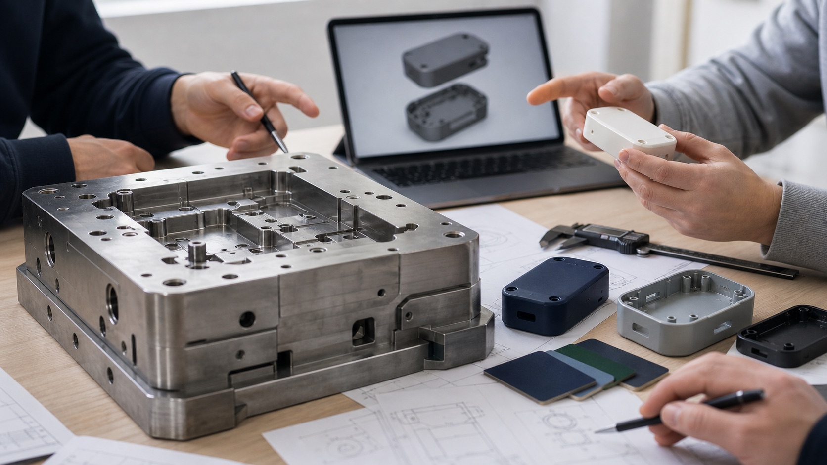 Representative hardware team reviewing a large mold and product parts
